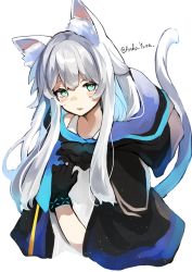 Rule 34 | 1girl, andou yuna, animal ear fluff, animal ears, arknights, blush, cat ears, cat girl, cat tail, cloak, green eyes, highres, hood, hood down, hooded cloak, infection monitor (arknights), long hair, parted lips, rosmontis (arknights), silver hair, solo, tail