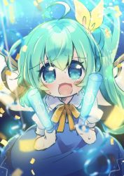Rule 34 | 1girl, absurdres, ahoge, blue dress, blue eyes, blush, daiyousei, dress, fairy, fairy wings, glowstick, green hair, hair between eyes, highres, holding, holding glowstick, long hair, matatabi (nigatsu), open mouth, puffy short sleeves, puffy sleeves, shirt, short sleeves, side ponytail, solo, touhou, white shirt, wings