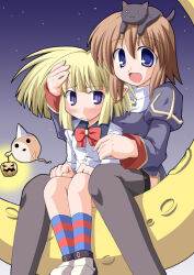 Rule 34 | 2000s (style), 2girls, :d, animal, animal on head, black cat, black thighhighs, blonde hair, blue dress, blue eyes, bow, bowtie, cat, cat on head, closed mouth, crescent moon, dress, fangs, hair between eyes, hand on another&#039;s arm, hand on another&#039;s head, juliet sleeves, kikkawa (citrus fruits), loli ruri, long sleeves, lude (ragnarok online), moon, multiple girls, on head, open mouth, pointy ears, priest (ragnarok online), puffy sleeves, purple eyes, ragnarok online, red bow, red bowtie, short hair, sitting, sleeve cuffs, slit pupils, smile, socks, star (sky), striped clothes, striped socks, thighhighs, zettai ryouiki