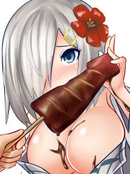 Rule 34 | 10s, 1girl, blue eyes, breasts, cleavage, flower, food, hair flower, hair ornament, hair over one eye, hairclip, hamakaze (kancolle), highres, ikayaki, kantai collection, large breasts, long hair, sexually suggestive, silver hair, simple background, sin (kami148), solo focus, white background