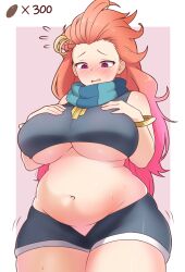 Rule 34 | 1girl, alternate body size, alternate breast size, amogan, bangle, belly, blue scarf, blush, border, bracelet, breasts, commission, cowboy shot, furrowed brow, highres, huge breasts, jewelry, large breasts, league of legends, long hair, navel, orange hair, outside border, parted lips, pink background, pixiv commission, plump, purple eyes, scarf, short shorts, shorts, simple background, sleeveless, solo, striped clothes, striped scarf, sweat, thick thighs, thighs, underboob, weight conscious, white border, zoe (league of legends)