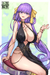 1girl absurdres ass bare_shoulders bb_(fate) bb_dubai_(fate) belly_chain black_dress bracelet braid braided_hair_rings breasts center_opening cleavage collarbone curvy dress fate/grand_order fate_(series) hair_ribbon hair_rings highres huge_ass jewelry large_breasts long_hair looking_at_viewer nail_polish necklace no_bra no_panties o-ring open_mouth pink_nails purple_eyes purple_hair radishkek ribbon side_slit sitting smile solo thick_thighs thighs twin_braids very_long_hair wide_hips yellow_ribbon