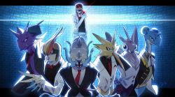 Rule 34 | 1boy, bad id, bad pixiv id, black shirt, blouse, blue background, bow, bowtie, breast pocket, clothed pokemon, collared shirt, creatures (company), dr.k, english text, formal, furry, furry male, game freak, gen 1 pokemon, highres, lapras, legendary pokemon, letterboxed, nidoking, nintendo, omastar, outside border, personification, pidgeot, pocket, poke ball, poke ball (basic), pokemon, pokemon (creature), purple shirt, red (pokemon), shirt, suit, text background, the end (phrase), traditional bowtie, twitch plays pokemon, venomoth, wall of text, white shirt, zapdos