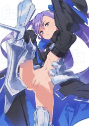 Rule 34 | 10s, 1girl, armor, armored boots, blue eyes, boots, bottomless, breasts, cleft of venus, coat, fate/extra, fate/extra ccc, fate (series), female focus, flat chest, hair ornament, hair ribbon, highres, ka-no, leg lift, long hair, looking at viewer, meltryllis (fate), navel, nude filter, purple hair, pussy, ribbon, shrug (clothing), simple background, solo, spikes, standing, third-party edit, uncensored, white background