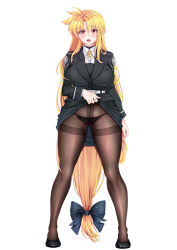 Rule 34 | 1girl, absurdres, belt, black bow, black jacket, black panties, black pantyhose, black skirt, blazer, blonde hair, blush, bow, clothes lift, commentary request, commission, dress shirt, fate testarossa, frown, full body, gluteal fold, hair bow, highres, jacket, lifted by self, long hair, long sleeves, looking at viewer, low-tied long hair, lyrical nanoha, miniskirt, neck ribbon, open mouth, panties, panties under pantyhose, pantyhose, pencil skirt, pixiv commission, presenting, red eyes, ribbon, shirt, siki2046, simple background, skirt, skirt lift, solo, standing, thighband pantyhose, thighs, tsab executive military uniform, underwear, very long hair, white background, white belt, white shirt, wing collar, yellow ribbon
