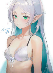 Rule 34 | 1girl, :3, bare shoulders, blush, bra, breasts, character name, cleavage, collarbone, elf, frieren, green eyes, grey hair, highres, long hair, looking at viewer, medium breasts, parted bangs, pointy ears, salmon88, small breasts, smile, solo, sousou no frieren, tagme, underwear, upper body, white bra
