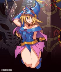 Rule 34 | 1girl, 3boys, arm up, bare shoulders, battle ox, blonde hair, blush, breasts, cape, cleavage, commentary, cyclops, dark magician girl, detached sleeves, duel monster, english commentary, green eyes, hat, highres, hitotsu-me giant, horns, large breasts, long hair, lord of d., minotaur, multiple boys, muscular, muscular male, navel, one-eyed, open mouth, red eyes, sideways glance, smile, suoiresnu, teeth, wizard hat, yu-gi-oh!