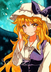 Rule 34 | 1girl, bad id, bad pixiv id, blonde hair, blue moon, blush, bow, breasts, buttons, closed mouth, collared shirt, full moon, hand up, hat, hat bow, looking at viewer, medium breasts, moon, purple bow, qqqrinkappp, sample watermark, shirt, sidelocks, smile, solo, touhou, traditional media, upper body, watatsuki no toyohime, watermark, white hat, white shirt, yellow eyes