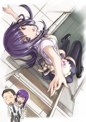 Rule 34 | 1boy, 1girl, :d, :p, arm up, black thighhighs, chibi, chibi inset, from above, ladder, long hair, looking at viewer, looking up, open mouth, otoo hyougo, purple eyes, purple hair, smile, tea (nakenashi), thighhighs, tongue, tongue out, waitress, working!!, yamada aoi