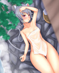 Rule 34 | 1girl, animal ears, arm up, blush, breasts, bucket, collarbone, commentary request, convenient censoring, covering privates, daichi (tokoya), from above, grey hair, highres, looking at viewer, looking up, lying, mouse ears, mouse tail, naked towel, navel, nazrin, nude cover, on back, onsen, open mouth, partially visible vulva, pink eyes, see-through, small breasts, solo, stone floor, tail, tokoya, touhou, towel, wide hips, wooden bucket