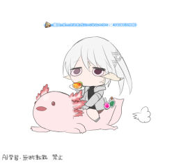 1girl animal axolotl black_shirt chibi chihuri dragon_horns final_fantasy final_fantasy_xiv gameplay_mechanics grey_hair grey_jacket grey_shoes hood hood_down hooded_jacket horns jacket open_clothes open_jacket pink_eyes potion riding riding_animal scales shirt shoes simple_background sitting solo translation_request warrior_of_light_(ff14) watermark white_background