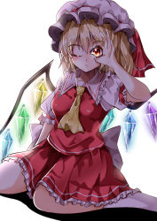 Rule 34 | 1girl, absurdres, ascot, back bow, blonde hair, blouse, bow, breasts, collared shirt, commentary request, crystal, flandre scarlet, frilled shirt collar, frilled skirt, frilled sleeves, frills, hat, hat ribbon, highres, looking at viewer, mahoro (minase mahoro), medium hair, mob cap, multicolored wings, one eye closed, orange eyes, puffy short sleeves, puffy sleeves, red ribbon, red skirt, red vest, ribbon, ribbon-trimmed headwear, ribbon trim, shirt, short sleeves, simple background, skirt, small breasts, socks, solo, touhou, vest, white background, white bow, white hat, white shirt, white socks, wings, yellow ascot