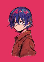 Rule 34 | 1girl, blue hair, closed mouth, cropped torso, expressionless, highres, looking at viewer, natuya (natuya2014), original, pink background, pink eyes, red shirt, shirt, short hair, simple background, solo, upper body
