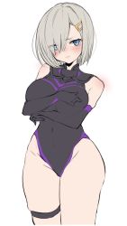 Rule 34 | 1girl, black gloves, black leotard, blue eyes, blush, breasts, chigasaki yukari, closed mouth, cosplay, covering privates, covering breasts, elbow gloves, fate/grand order, fate (series), gloves, grey hair, hair between eyes, hair ornament, hair over one eye, hairclip, hamakaze (kancolle), highres, kantai collection, large breasts, leotard, mash kyrielight, mash kyrielight (cosplay), short hair, simple background, solo, thigh strap, white background