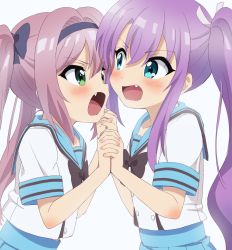 Rule 34 | 2girls, black bow, blue eyes, blue sailor collar, blue skirt, blush, bow, catfight, commentary request, eye contact, fang, fingernails, green eyes, grey background, hair between eyes, hair intakes, hair ribbon, hands up, highres, interlocked fingers, long hair, looking at another, looking at viewer, misaki sango, multiple girls, open mouth, pleated skirt, purple hair, re:stage!, ribbon, sailor collar, school uniform, serafuku, shirt, short sleeves, simple background, sincos, skirt, tsukisaka sayu, twintails, v-shaped eyebrows, very long hair, white ribbon, white shirt