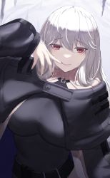 Rule 34 | 1girl, arknights, belt, black belt, black capelet, black dress, black nails, breasts, capelet, commentary, dress, finger to mouth, highres, large breasts, long hair, long sleeves, looking at viewer, makino, nail polish, red eyes, silver hair, smile, solo, specter (arknights), turtleneck, upper body, very long hair, white background