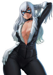 Rule 34 | 1girl, arm up, black bodysuit, black cat (marvel), black neckwear, blue eyes, bodysuit, breasts, cleavage, collarbone, contrapposto, cowboy shot, domino mask, elbow gloves, covered erect nipples, felicia hardy, fur trim, gloves, hand in own hair, hand on own hip, large breasts, lasterk, light smile, long hair, looking at viewer, marvel, mask, open clothes, parted lips, partially unzipped, silver hair, simple background, solo, spider-man (series), standing, white background, white gloves, zipper