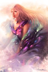 Rule 34 | 1girl, blonde hair, blue eyes, dress, gem, jewelry, lilaccu, lips, long hair, macross, macross frontier, necklace, realistic, science fiction, sheryl nome, signature, solo