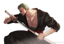 Rule 34 | 1boy, bare pectorals, black kimono, closed eyes, closed mouth, feet out of frame, fighting stance, from side, green hair, highres, japanese clothes, kimono, long sideburns, male focus, mcbuckwheat, muscular, muscular male, one piece, pectorals, profile, roronoa zoro, scar, scar across eye, sheath, short hair, sideburns, solo, sword, unsheathing, weapon