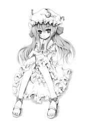 Rule 34 | 1girl, feet, female focus, greyscale, hat, kurona, long hair, monochrome, patchouli knowledge, simple background, sitting, solo, touhou, white background