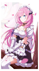 1girl absurdres apron black_dress blue_eyes breasts butterfly_hair_ornament chinese_commentary cleavage clothing_cutout commentary_request cowboy_shot dress elbow_gloves elf elysia_(honkai_impact) elysia_(miss_pink)_(honkai_impact) elysia_(miss_pink_elf)_(honkai_impact) fake_horns falling_petals gloves hair_between_eyes hair_ornament highres honkai_(series) honkai_impact_3rd horns large_breasts long_hair maid maid_apron maid_headdress petals pink_hair pointy_ears puffy_short_sleeves puffy_sleeves short_sleeves side_cutout sitting_on_branch solo thighhighs thighs white_apron white_background white_gloves white_thighhighs xuan_xiao_z zoom_layer