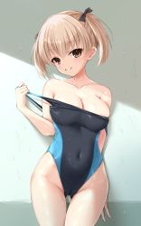 Rule 34 | 1girl, areola slip, blonde hair, breasts, brown eyes, cameltoe, cleavage, clothes pull, commission, competition swimsuit, covered navel, cowboy shot, groin, highres, kore wa zombie desu ka?, kyouko (korezom), large breasts, looking at viewer, ncontrail (mgax7527), one-piece swimsuit, one-piece swimsuit pull, parted lips, short hair, skeb commission, solo, swimsuit, twintails