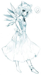 Rule 34 | circled 9, 1girl, bow, cirno, dress, female focus, graphite (medium), hair bow, hands on own hips, looking at viewer, monochrome, phantasmagoria of flower view, short hair, smile, solo, touhou, traditional media, usa (artist), usaki (ama), wings