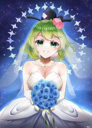 Rule 34 | 1girl, absurdres, black hat, bouquet, breasts, bridal veil, cleavage, commentary, dress, flower, green eyes, green hair, hair flower, hair ornament, hat, highres, holding, holding bouquet, large breasts, outdoors, pink flower, short hair, signature, soga no tojiko, solo, tate eboshi, touhou, upper body, veil, wedding dress, white dress, yuriri2001