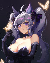 Rule 34 | 1girl, absurdres, ahoge, animal ear fluff, animal ears, argyle, bad id, bad pixiv id, bare shoulders, black choker, black leotard, bow, breast hold, breasts, bug, butterfly, chinese commentary, choker, cleavage, closed mouth, collarbone, detached sleeves, elbow gloves, gloves, glowing, grey hair, hair bow, hair ornament, highres, insect, large breasts, leotard, lips, long hair, loveforever666, original, purple eyes, purple hair, sidelocks, smile, solo, sparkle, striped, striped bow, twintails, upper body