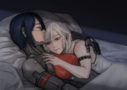 Rule 34 | 2girls, android, ariane yeong, bed, black hair, camisole, closed eyes, cyberpunk, elster (signalis), highres, hug, joints, multiple girls, red eyes, robot joints, science fiction, short hair, signalis, smile, tattoo, white hair, yinabyna, yuri