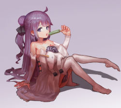 Rule 34 | 1girl, ahoge, azur lane, bad id, bad pixiv id, bare shoulders, black bow, black ribbon, bow, commentary request, detached sleeves, dress, food, hair bun, hair ribbon, highres, holding, holding food, long hair, long sleeves, masila, no shoes, one side up, popsicle, purple background, purple eyes, purple hair, ribbon, saliva, saliva trail, side bun, single hair bun, single side bun, sitting, sleeves past wrists, solo, strapless, strapless dress, stuffed animal, stuffed pegasus, stuffed toy, stuffed unicorn, stuffed winged unicorn, thighhighs, unicorn (azur lane), very long hair, white dress, white thighhighs