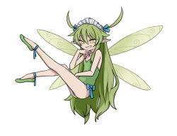 Rule 34 | 1girl, ankle ribbon, black souls, blue ribbon, clenched teeth, fairy wings, green eyes, green hair, green leotard, green wings, grin, hair ribbon, hand up, leaf (black souls), leg ribbon, legs up, leotard, long hair, looking at viewer, maid headdress, pointy ears, rabbit king, ribbon, sidelocks, smile, solo, teeth, two side up, very long hair, wings