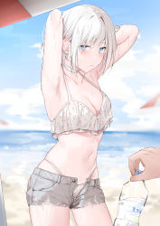 Rule 34 | 1girl, 1other, absurdres, armpits, arms up, bare arms, bare shoulders, beach, bikini, bikini under clothes, blue eyes, blue sky, blurry, blurry background, blush, bottle, breasts, cleavage, closed mouth, collarbone, cowboy shot, cutoffs, day, denim, denim shorts, halterneck, highres, holding, holding bottle, long hair, looking at viewer, medium breasts, navel, ocean, open clothes, open fly, open shorts, original, outdoors, short shorts, shorts, sidelocks, sky, solo focus, standing, stomach, swimsuit, swimsuit under clothes, umbrella, unbuttoned, unzipped, water bottle, wet, xretakex