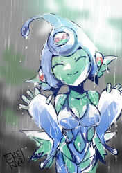 Rule 34 | 1girl, blue one-piece swimsuit, breasts, digimon, digimon (creature), fins, frog girl, helmet, large breasts, monster girl, one-piece swimsuit, rain, ranamon, smile, swimsuit, wet