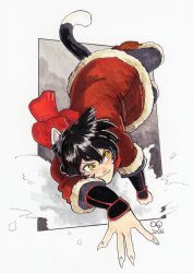 Rule 34 | 1girl, absurdres, animal ears, black hair, cat ears, cat girl, cat tail, coat, dungeon meshi, fingernails, highres, izutsumi, monster girl, red coat, red scarf, scarf, sharp fingernails, short hair, slit pupils, tail, traditional media, yellow eyes, youngno