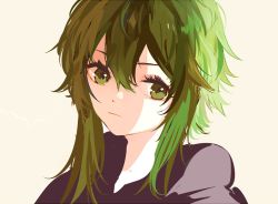 Rule 34 | 1girl, bad id, bad twitter id, black shirt, commentary, expressionless, gomiyama, green eyes, green hair, gumi, looking to the side, portrait, shirt, short hair with long locks, sidelighting, sidelocks, sketch, solo, vocaloid