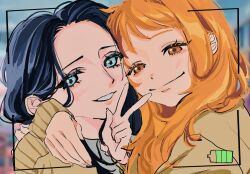 Rule 34 | 2girls, ao 6336, battery indicator, blue eyes, blue hair, blurry, blurry background, blush, commentary request, eyelashes, highres, hug, long hair, long sleeves, looking at viewer, multiple girls, nami (one piece), nico robin, one piece, orange eyes, orange hair, sidelocks, smile, sweater, taking picture, v, yellow sweater
