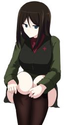 Rule 34 | 1girl, absurdres, adjusting clothes, aikir (jml5160), black hair, black pantyhose, black skirt, black vest, blue eyes, closed mouth, clothes pull, commentary, girls und panzer, green jacket, highres, insignia, invisible chair, jacket, lifting own clothes, long hair, looking at viewer, military, military uniform, miniskirt, nonna (girls und panzer), pantyhose, pantyhose lift, pleated skirt, pravda military uniform, red shirt, shirt, simple background, sitting, skirt, socks, solo, swept bangs, turtleneck, uniform, vest, white background