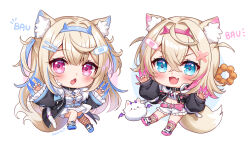 Rule 34 | 2girls, :d, :o, animal collar, animal ear fluff, animal ears, bandaid, bandaid hair ornament, belt, black collar, black jacket, blonde hair, blue belt, blue eyes, blue hair, blue hairband, blue nails, blush, breasts, chestnut mouth, chibi, claw pose, claws, collar, colored shoe soles, commentary, cropped jacket, cropped shirt, crossed bangs, dog ears, dog girl, dog tail, double-parted bangs, doughnut, dress, english commentary, fake horns, fang, fishnet socks, fishnet thighhighs, fishnets, flat chest, food, frilled shorts, frilled sleeves, frills, full body, fur-trimmed jacket, fur trim, fuwawa abyssgard, fuwawa abyssgard (1st costume), hair between eyes, hair intakes, hair ornament, hairband, hairclip, hololive, hololive english, horns, jacket, kneehighs, long hair, long sleeves, looking at viewer, medium breasts, mococo abyssgard, mococo abyssgard (1st costume), moorina, multicolored hair, multiple girls, nail polish, open mouth, over-kneehighs, perroccino (fuwamoco), pink belt, pink eyes, pink hair, pink hairband, pink nails, pon de ring, shirt, shoes, short dress, short hair, short shorts, shorts, siblings, simple background, single over-kneehigh, single thighhigh, sisters, smile, sneakers, socks, streaked hair, tail, thighhighs, twins, two side up, v-shaped eyebrows, virtual youtuber, white background, white dress, white footwear, white shirt, white shorts, x hair ornament