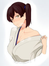 Rule 34 | 1girl, bare shoulders, blush, breasts, brown eyes, brown hair, cleavage, japanese clothes, kaga (kancolle), kantai collection, kimono, large breasts, looking at viewer, off shoulder, side ponytail, simple background, solo, tsurugi (the horizon), upper body, white background
