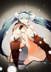 Rule 34 | 1girl, aqua hair, bad id, bad pixiv id, blue eyes, boots, brown footwear, fur boots, hatsune miku, highres, knee boots, long hair, looking at viewer, rane (etsu), smile, solo, twintails, vocaloid