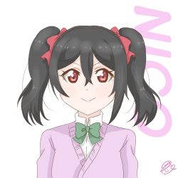 Rule 34 | 1girl, artist name, artist request, black hair, blush, bow, bowtie, breasts, cardigan, collared shirt, female focus, green bow, green bowtie, hair between eyes, hair bow, highres, jacket, long hair, long sleeves, looking at viewer, love live!, love live! school idol project, nanase denpa, otonokizaka school uniform, parted lips, pink cardigan, pink jacket, pink shirt, red bow, red eyes, school uniform, shirt, short hair, short twintails, small breasts, smile, solo, striped bow, striped bowtie, striped clothes, twintails, upper body, white background, yazawa nico