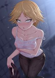 Rule 34 | 1girl, :o, arm under breasts, bare shoulders, black pants, blonde hair, blush, breasts, collarbone, covered erect nipples, fang, gloves, green eyes, highres, looking at viewer, medium breasts, neia baraja, no bra, nose blush, overlord (maruyama), pants, parted bangs, ruberule, sanpaku, see-through, see-through shirt, short hair, skin fang, solo, wet, wet clothes