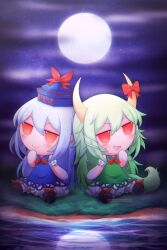 Rule 34 | 2girls, bow, closed mouth, commission, fang, fog, full moon, fumo (doll), grass, green hair, hair between eyes, hat, highres, horn ornament, horn ribbon, horns, kamishirasawa keine, kamishirasawa keine (hakutaku), long hair, moon, multiple girls, night, night sky, open mouth, orange eyes, pirateyoukai, reflection, reflective water, ribbon, shoes, skirt, sky, smile, star (sky), starry sky, touhou, water, white hair