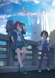 Rule 34 | 1boy, 1girl, adjusting eyewear, against railing, arm up, belt, belt buckle, belt pouch, blue jacket, blue sky, blurry, brown gloves, buckle, building, card, character request, cloud, cloudy sky, creature, crossed arms, degarashi (ponkotsu), depth of field, digimon, digimon (creature), eyewear on head, fingerless gloves, glasses, glint, gloves, green eyes, green hair, hair between eyes, hand on eyewear, highres, holding, horns, jacket, light particles, light rays, open clothes, open jacket, open mouth, outdoors, pouch, purple eyes, railing, red hair, shoes, short shorts, shorts, single horn, sky, sleeves rolled up, smile, sneakers, socks, sparkle, sweat, teeth, tongue, torn, tree, white legwear