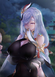 Rule 34 | 2girls, absurdres, black bodysuit, blue eyes, bodysuit, braid, breasts, cleavage, detached sleeves, genshin impact, hair ornament, hair over one eye, highres, hip vent, lactation, lactation through clothes, large breasts, long hair, low-braided long hair, low-tied long hair, lumine (genshin impact), mea (manami030), mouth hold, multiple girls, shenhe (genshin impact), tongue, tongue out, yuri