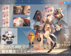 Rule 34 | 1girl, :&gt;, :o, ;d, ahoge, alternate costume, anchor, anchor print, azur lane, bag, black footwear, black panties, blue eyes, blue ribbon, blush, breasts, cameo, casual, character charm, character doll, charm (object), chibi, clothes writing, collarbone, commentary, commission, dress, duffel bag, english commentary, expressions, fang, fantia username, full body, garter straps, grey jacket, hair between eyes, hair ribbon, heart, heart-shaped pupils, heart ahoge, highres, i heart..., indianapolis (azur lane), interlocked fingers, jacket, janyhero, large breasts, light purple hair, loafers, long hair, long sleeves, looking at viewer, manjuu (azur lane), multiple views, one eye closed, open clothes, open jacket, open mouth, panties, pantyshot, patreon logo, patreon username, pixiv logo, pleated dress, portland (azur lane), ribbon, rigging, road sign, shoes, side ponytail, sidelocks, sign, skin fang, smile, standing, standing on one leg, symbol-shaped pupils, thighhighs, translation request, turret, twitter logo, underwear, very long hair, white dress, white thighhighs, zettai ryouiki