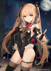 Rule 34 | 1girl, balcony, bare shoulders, black leotard, blonde hair, boots, bow, bowtie, breasts, cleavage, commentary request, dead or alive, dead or alive xtreme, detached sleeves, fingerless gloves, flower, frilled leotard, frilled sleeves, frilled thighhighs, frills, front zipper, fubuki (fakemonkey0224), gloves, hair ribbon, halter leotard, halterneck, highres, juliet sleeves, leotard, long hair, long sleeves, marie rose, medium bangs, moon, o-ring, o-ring thigh strap, official art, outdoors, parted bangs, petals, puffy sleeves, red bow, red bowtie, red flower, red rose, ribbon, rose, rose petals, see-through, see-through cleavage, shiny clothes, sideboob, small breasts, solo, thigh strap, thighhighs, thighhighs under boots, twintails, very long hair, zipper leotard