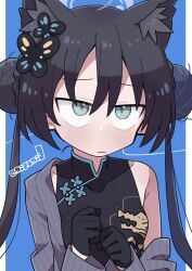 Rule 34 | 1girl, animal ears, black dress, black gloves, black hair, blue archive, blue background, blush, breasts, butterfly hair ornament, china dress, chinese clothes, closed mouth, commentary request, double bun, dragon print, dress, gloves, grey eyes, grey jacket, hair bun, hair ornament, halo, jacket, kemonomimi mode, kisaki (blue archive), long hair, mizumi (artist), print dress, simple background, small breasts, solo, striped clothes, striped jacket, twintails, twitter username, upper body, vertical-striped clothes, vertical-striped jacket