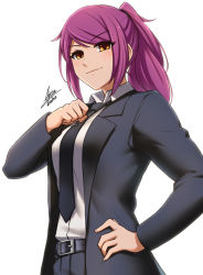 Rule 34 | 1girl, airisubaka, belt, black necktie, black pants, black suit, brown eyes, commentary, eyes visible through hair, formal, hand on own hip, highres, leah (airisubaka), long hair, long sleeves, looking at viewer, necktie, original, pants, ponytail, purple hair, shirt, signature, simple background, smile, solo, suit, symbol-only commentary, upper body, white background, white shirt, wing collar